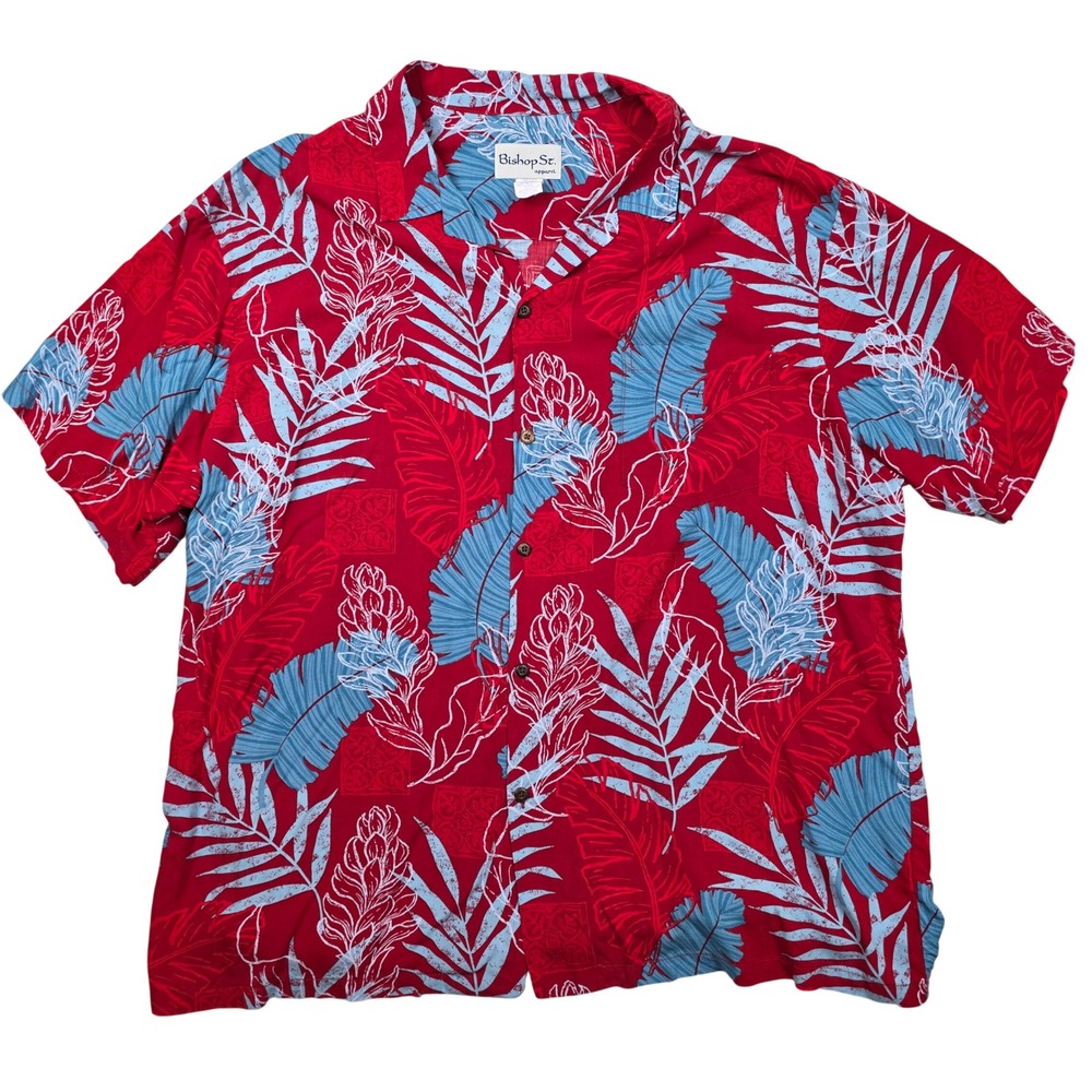 Bishop St Apparel Mens Red Blue Leaf Print Hawaiian Aloha Shirt Size 2XL Rayon